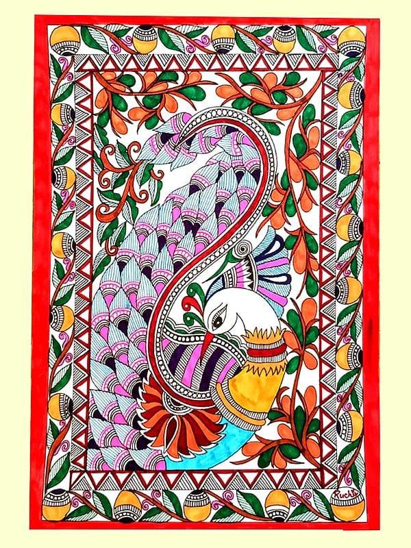 Exotic India Set Of 3 Peacocks Madhubani Painting | Alcohol Markers And Fineliners On Paper | By Ruchi