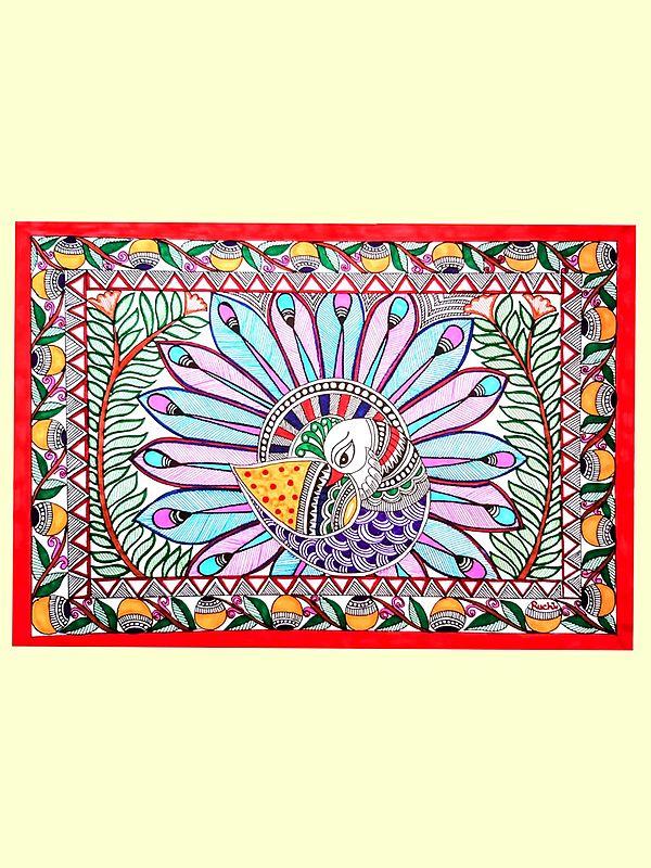 Exotic India Set Of 3 Peacocks Madhubani Painting | Alcohol Markers And Fineliners On Paper | By Ruchi