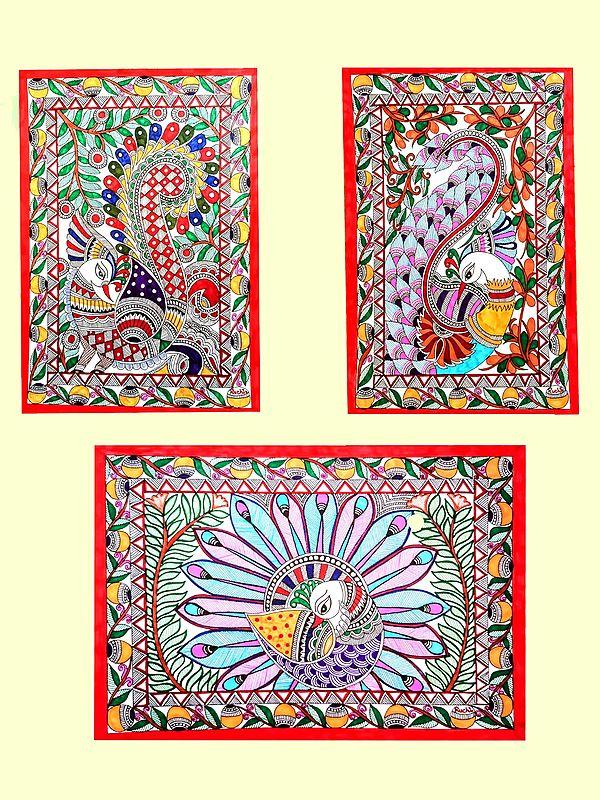 exotic india Set Of 3 Peacocks Madhubani Painting | Alcohol Markers And Fineliners On Paper | By Ruchi