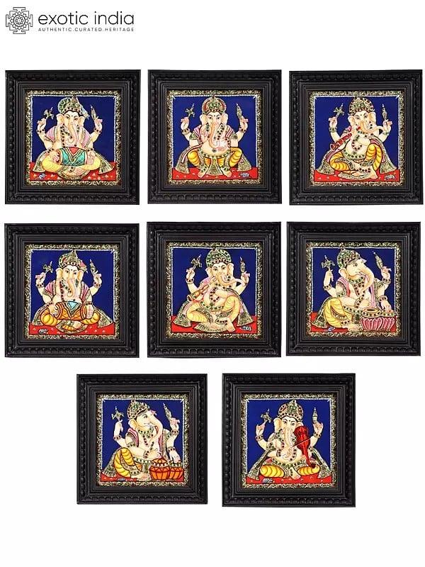 exotic india Set of 8 Musical Ganesha Tanjore Paintings | 24 Karat Gold Work 