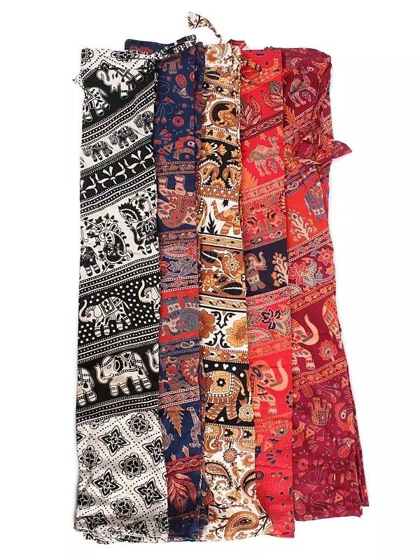 Exotic India Set Of Five Flared Bottom Palazzo Pants From Pilkhuwa With Printed Flowers And Elephants