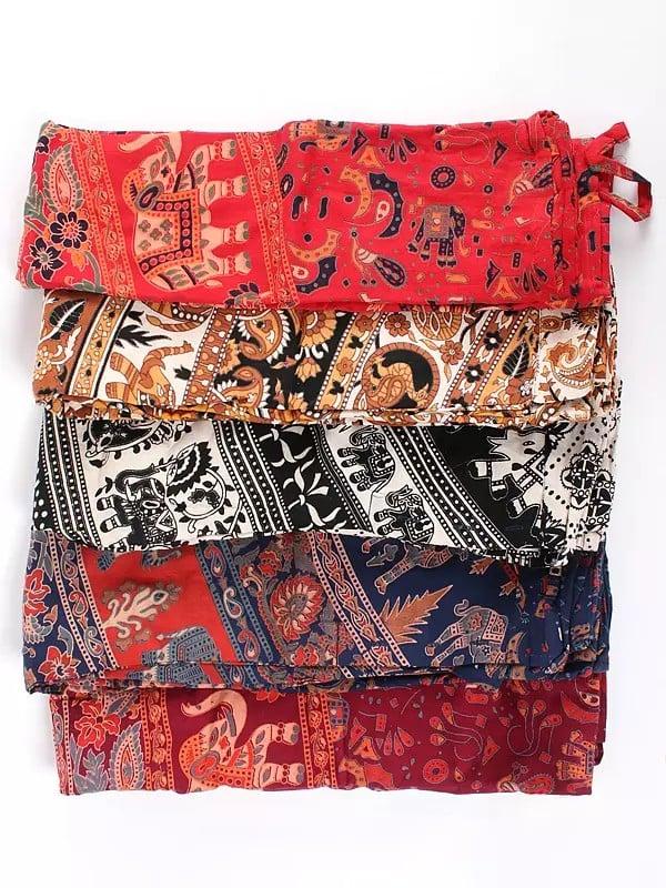 Exotic India Set Of Five Flared Bottom Palazzo Pants From Pilkhuwa With Printed Flowers And Elephants
