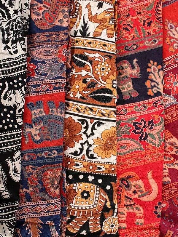 Exotic India Set Of Five Flared Bottom Palazzo Pants From Pilkhuwa With Printed Flowers And Elephants