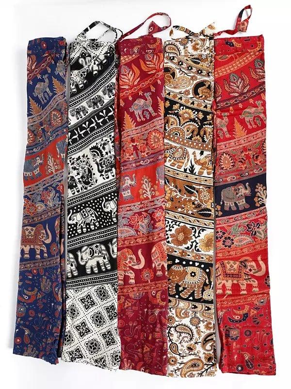 exotic india Set of Five Flared Bottom Palazzo Pants from Pilkhuwa with Printed Flowers and Elephants 
