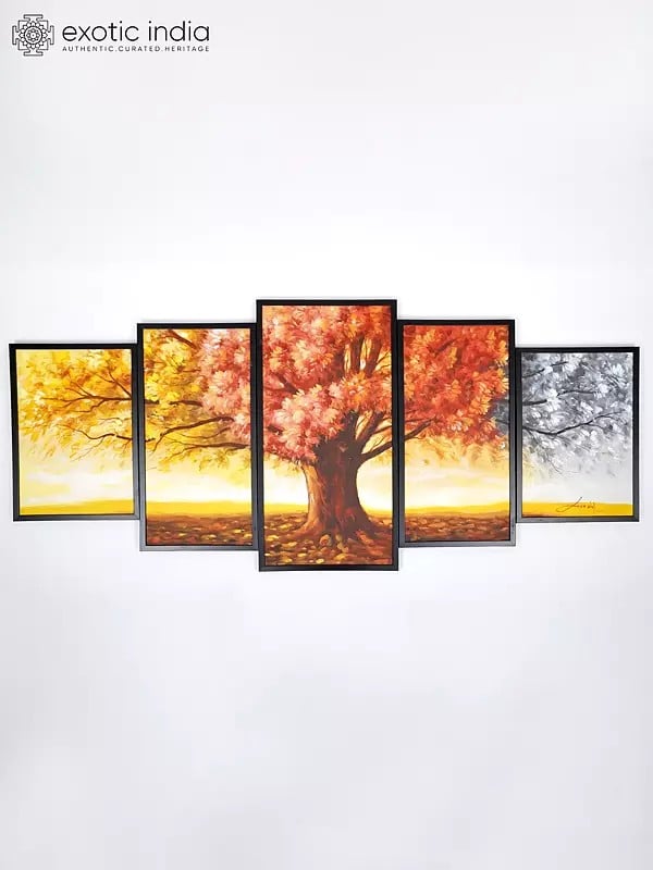exotic india Set of Five Tree Paintings | Wall Decor Art | With Frame 