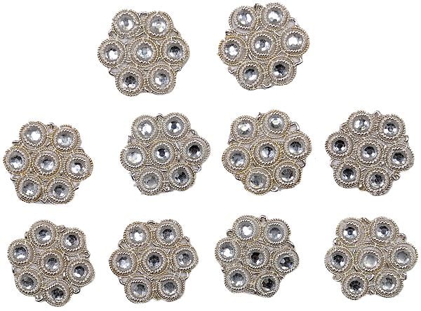 exotic india Set of Ten Silver Button Patches with Zardozi work 