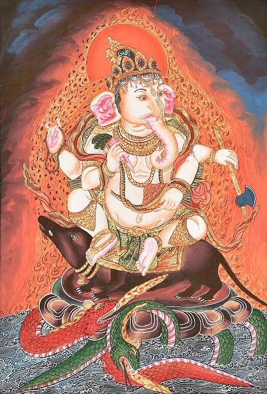 exotic india Shadbhuja Ganesha Seated on a Rat with Snakes as Dragons 