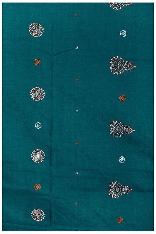 exotic india Shaded-Spruce South-Cotton Handloom Fabric from Karnataka with Hand-Woven Motifs