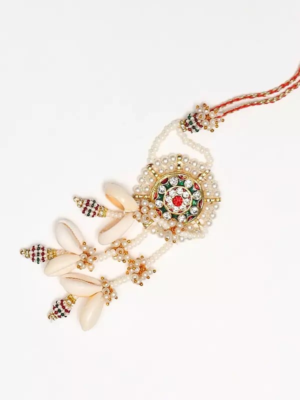 Exotic India Shell Design And White Pearl Beaded Bhaiya Bhabhi Rakhi 