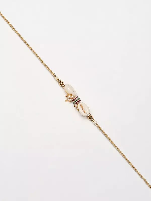 Exotic India Shell Design And White Pearl Beaded Bhaiya Bhabhi Rakhi 