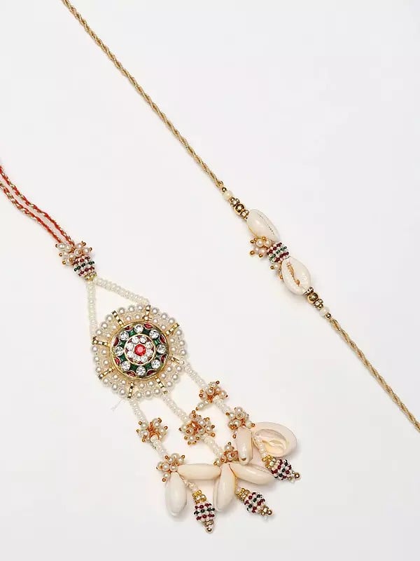 exotic india Shell Design and White Pearl Beaded Bhaiya Bhabhi Rakhi 
