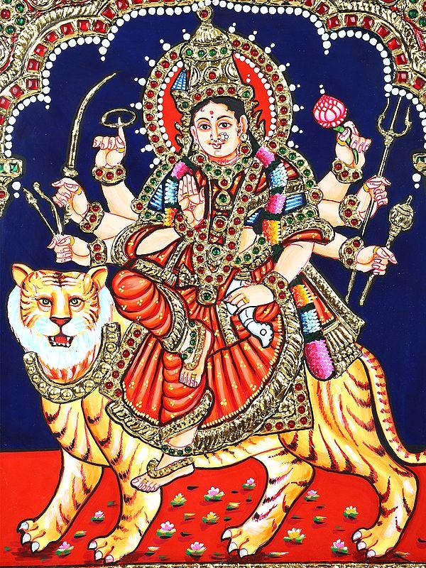 Exotic India Sherawali Maa | 24 Karat Gold Work | Framed Tanjore Painting