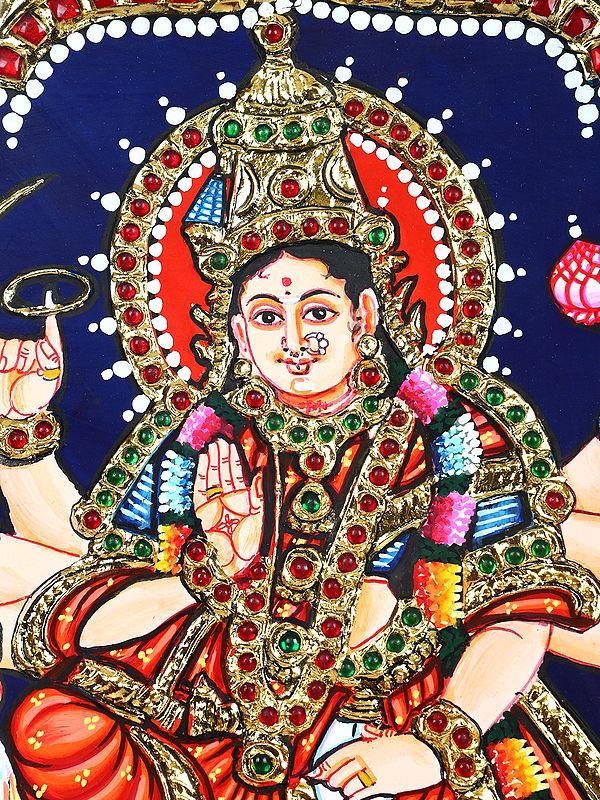 Exotic India Sherawali Maa | 24 Karat Gold Work | Framed Tanjore Painting