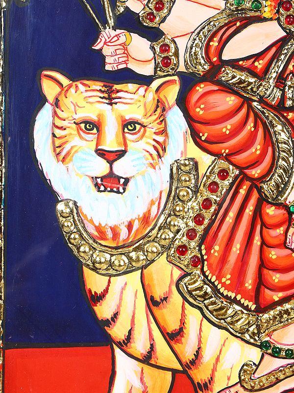 Exotic India Sherawali Maa | 24 Karat Gold Work | Framed Tanjore Painting