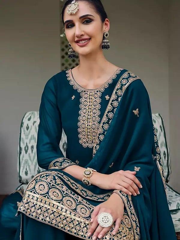 Exotic India Sherpa-Blue Elegant Georgette Thread Embroidery Work Straight Kurta With Palazzo And Dupatta
