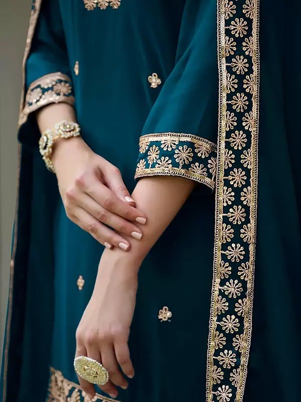 Exotic India Sherpa-Blue Elegant Georgette Thread Embroidery Work Straight Kurta With Palazzo And Dupatta
