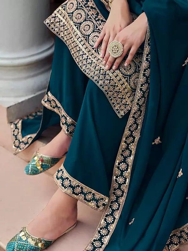Exotic India Sherpa-Blue Elegant Georgette Thread Embroidery Work Straight Kurta With Palazzo And Dupatta