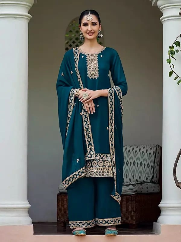 exotic india Sherpa-Blue Elegant Georgette Thread Embroidery Work Straight Kurta With Palazzo And Dupatta 
