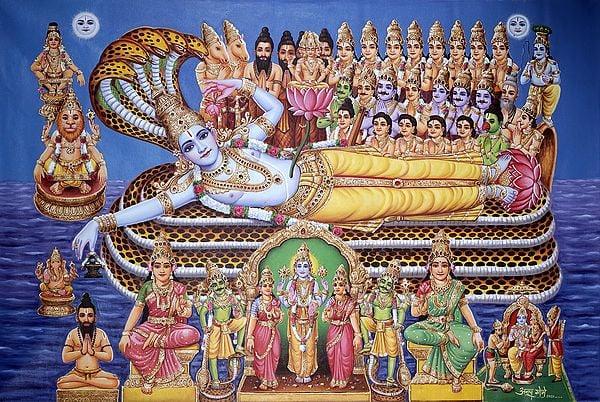 exotic india Sheshashayi Vishnu Worshipped by Gods | Oil on Canvas Painting 
