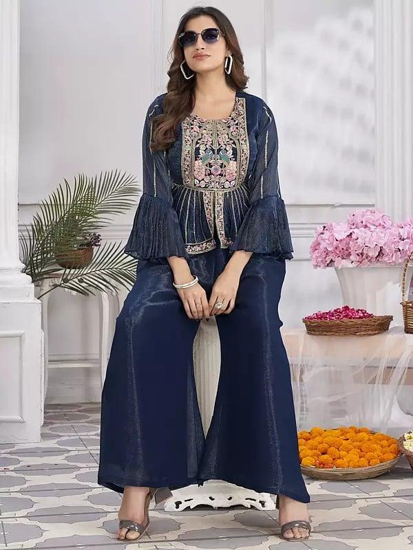 Exotic India Shimmer Georgette Embroidery & Hand Work Crop Top Designer Party Wear Palazzo Suit