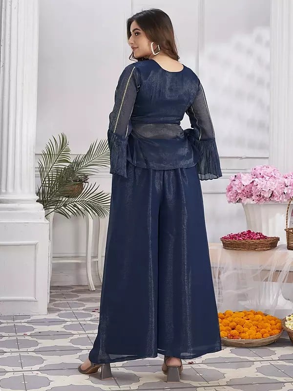 Exotic India Shimmer Georgette Embroidery & Hand Work Crop Top Designer Party Wear Palazzo Suit