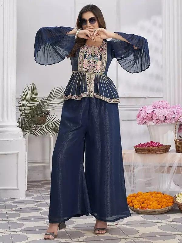 exotic india Shimmer Georgette Embroidery & Hand Work Crop Top Designer Party Wear Palazzo Suit 