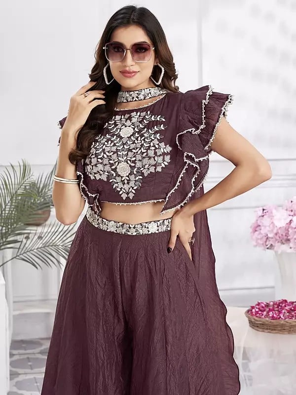 Exotic India Shimmer Georgette Hand Work And Embroidered Crop Top Palazzo Suit