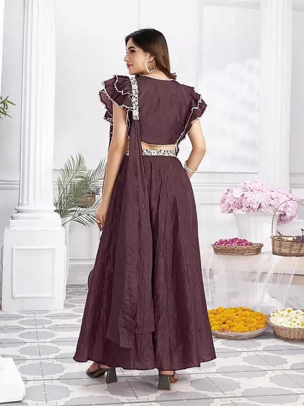 Exotic India Shimmer Georgette Hand Work And Embroidered Crop Top Palazzo Suit