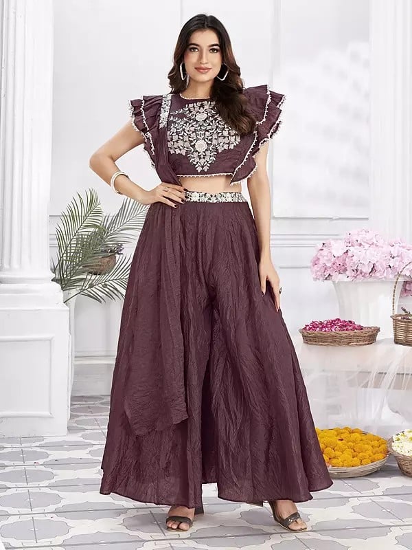 exotic india Shimmer Georgette Hand Work and Embroidered Crop Top Palazzo Suit 
