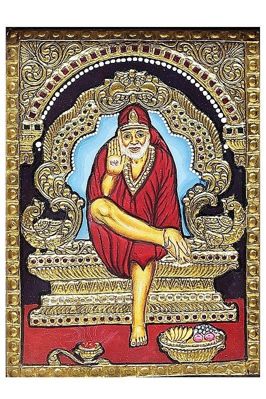 Exotic India Shirdi Sai Baba Tanjore Painting | Traditional Colors With Gold | Teakwood Frame | Gold & Wood | Handmade | Made In India 