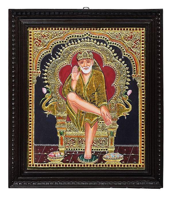 exotic india Shirdi Sai Baba Tanjore Painting | Traditional Colors With 24K Gold | Teakwood Frame | Gold & Wood | Handmade | Made In India 
