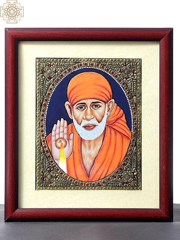 exotic india Shirdi Sai Baba Tanjore Painting with Wooden Frame