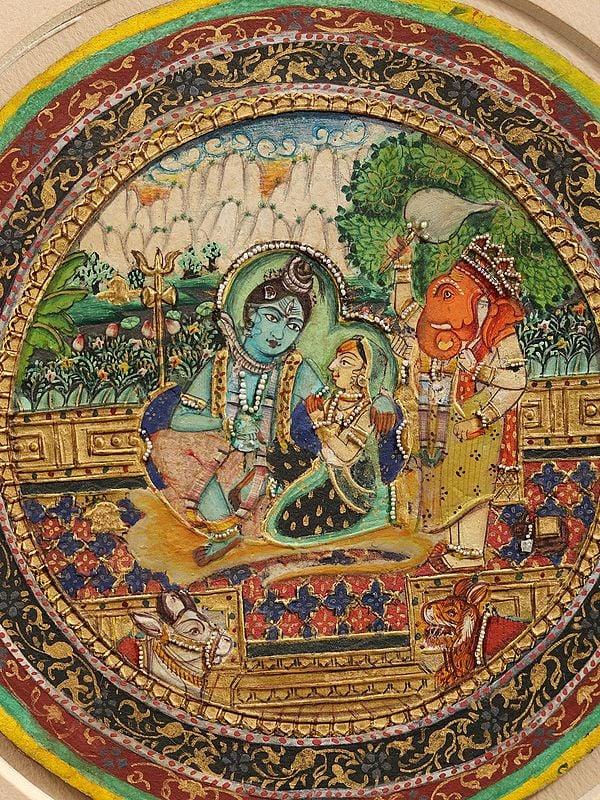 Exotic India Shiva Parivar Ganjifa Painting | Watercolor On Paper