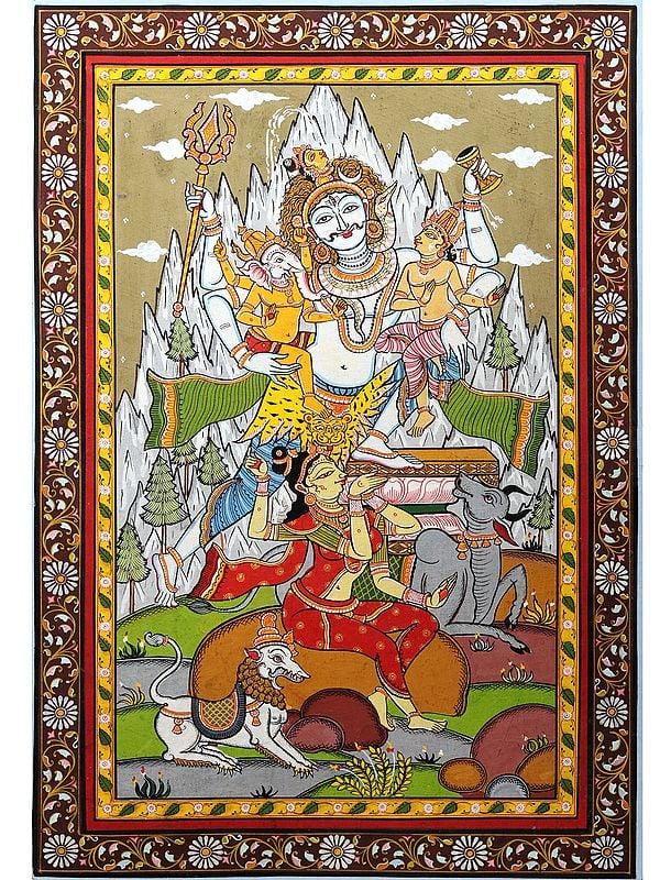 exotic india Shiva Parivar Pattachitra Painting from Odisha | Watercolor on Handmade Canvas 
