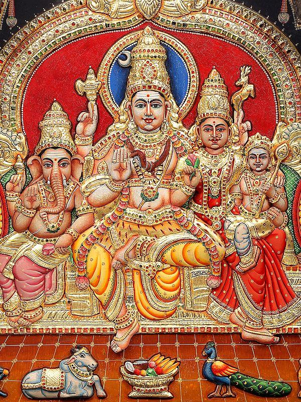 Exotic India Shiva Parivar Seated On Kirtimukha Throne | 22 Karat Gold Embossed Work | Arch Shape Teakwood Frame