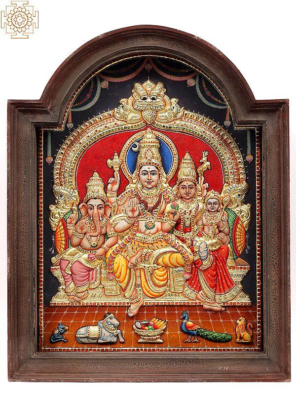 exotic india Shiva Parivar Seated on Kirtimukha Throne | 22 Karat Gold Embossed Work | Arch Shape Teakwood Frame