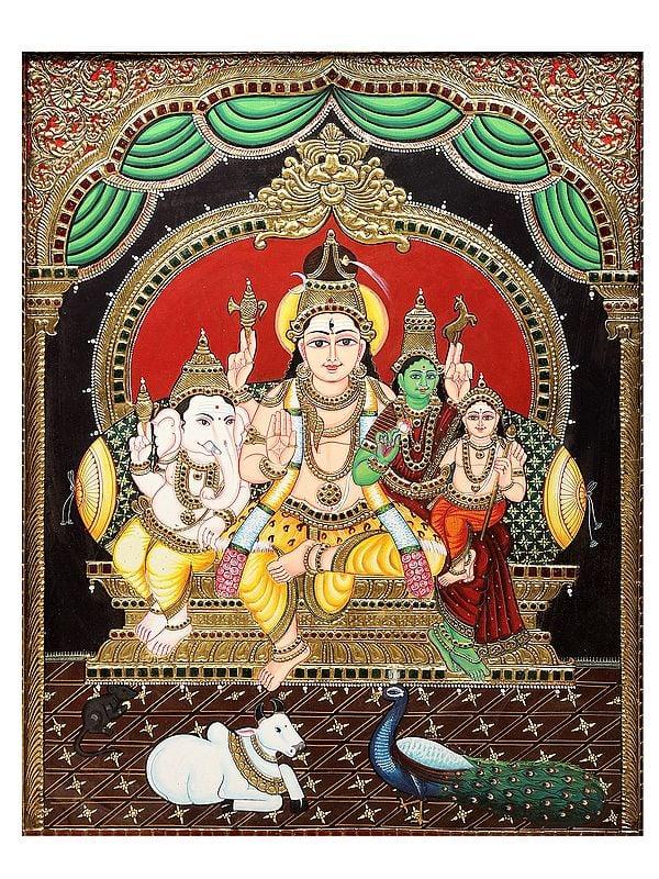 Exotic India Shiva Parivar Tanjore Painting | Traditional Colors With 24K Gold | Teakwood Frame | Gold & Wood | Handmade