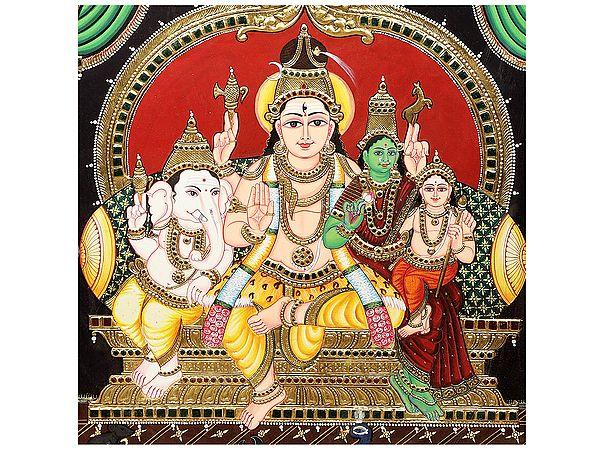Exotic India Shiva Parivar Tanjore Painting | Traditional Colors With 24K Gold | Teakwood Frame | Gold & Wood | Handmade