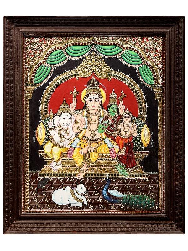 exotic india Shiva Parivar Tanjore Painting | Traditional Colors With 24K Gold | Teakwood Frame | Gold & Wood | Handmade
