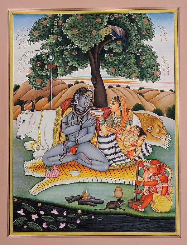 exotic india Shiva Parivar Watercolor Painting on Paper | Art by Kailash Raj 