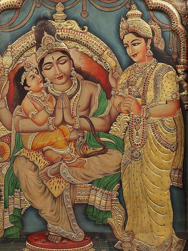 Exotic India Shiva Parvati With Karttikeya | Tanjore Painting | With Vintage Teakwood Frame