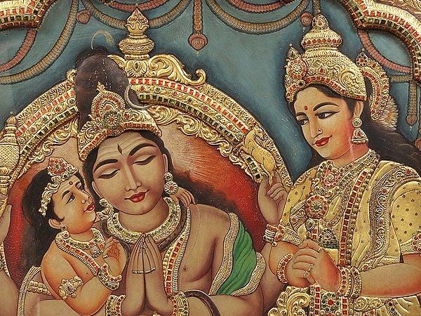 Exotic India Shiva Parvati With Karttikeya | Tanjore Painting | With Vintage Teakwood Frame