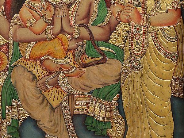 Exotic India Shiva Parvati With Karttikeya | Tanjore Painting | With Vintage Teakwood Frame