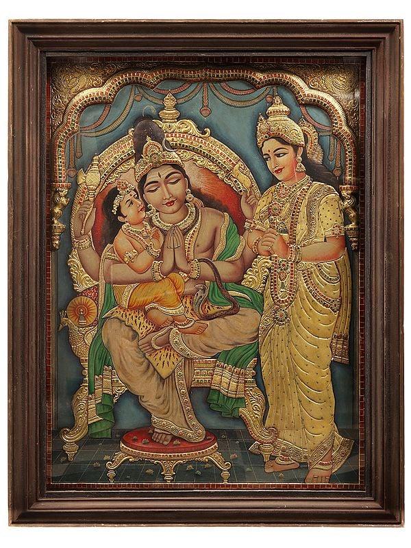 exotic india Shiva Parvati with Karttikeya | Tanjore Painting | With Vintage Teakwood Frame 