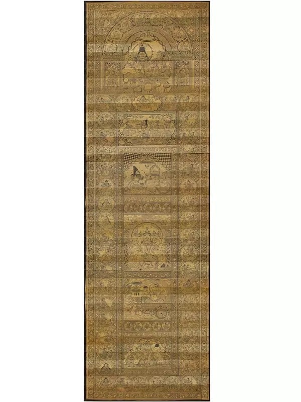 exotic india Shiva Parvati with Son Ganesha's Life Story | Pattachitra Painting on Palm Leaf 