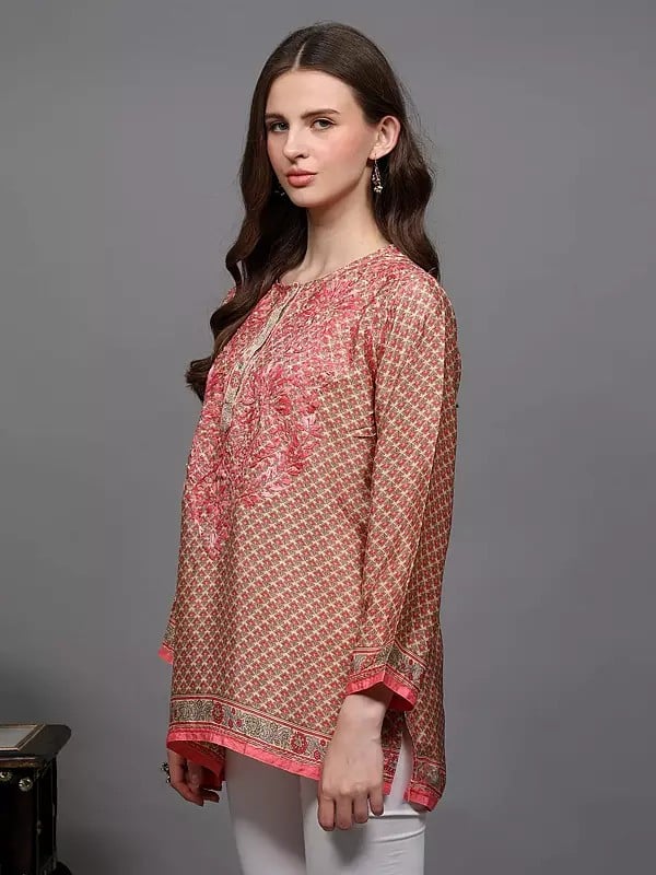 Exotic India Short Kurti With Chikankari Embroidery On Neck And Printed Bootis 