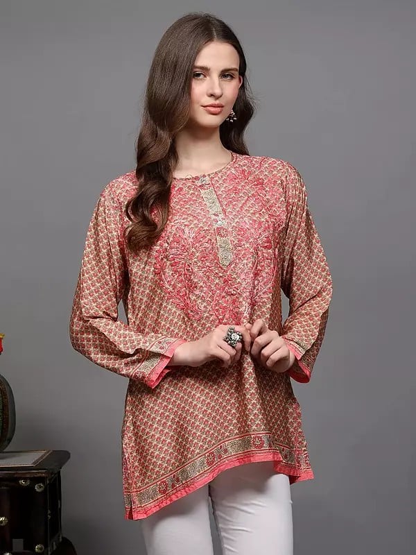 Exotic India Short Kurti With Chikankari Embroidery On Neck And Printed Bootis 