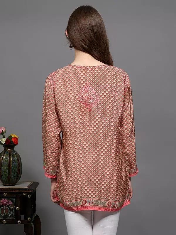 Exotic India Short Kurti With Chikankari Embroidery On Neck And Printed Bootis 