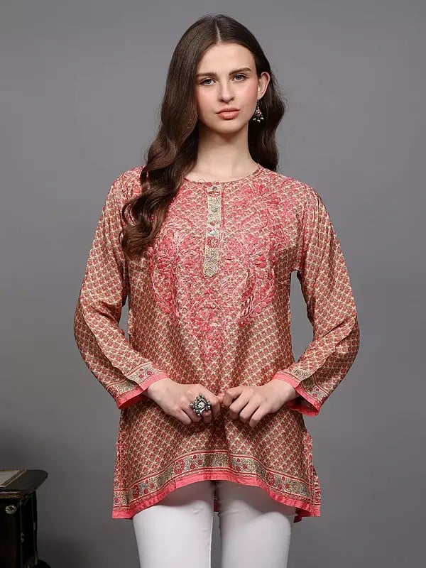 exotic india Short Kurti with Chikankari Embroidery on Neck and Printed Bootis 