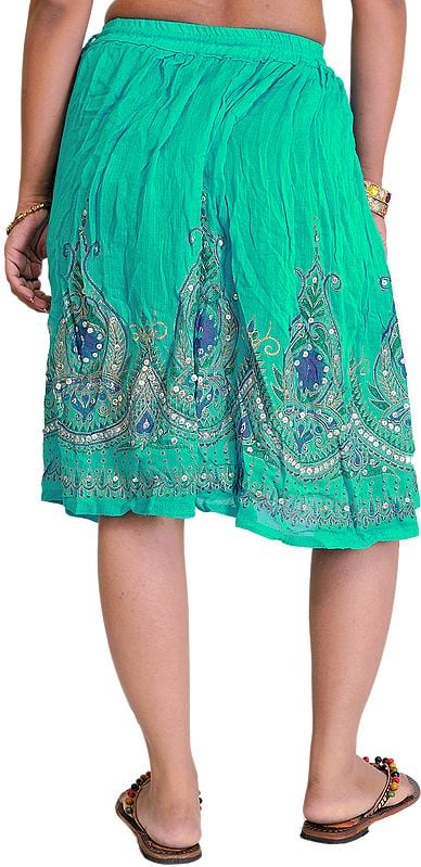 Exotic India Short Skirt With Printed Flowers And Embroidered Sequins